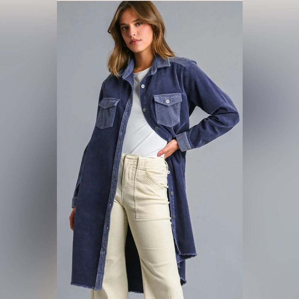 Umgee Mineral Wash Corduroy Button Down Shirt Dress